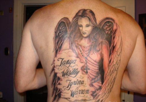 Grey Ink Angel Girl Tattoo On Back Body