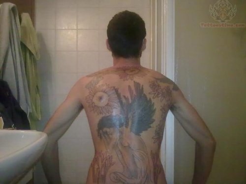 Flowers And Angel Tattoo On Back