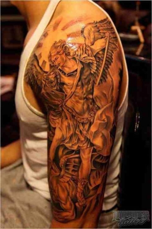 Archangel Grey Ink Tattoo On Left Half Sleeve