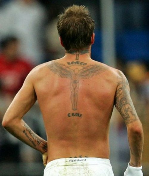 Becham with Guardian Angel Tattoo On Back