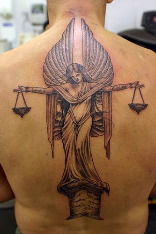 Grey Ink Angel Tattoo On Man Back Body