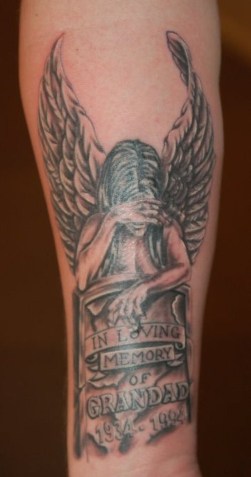 Weeping Angel With Tombstone Memorial Tattoo On Arm