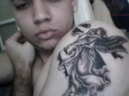 Grey Ink Angel Tattoo On Boy Shoulder
