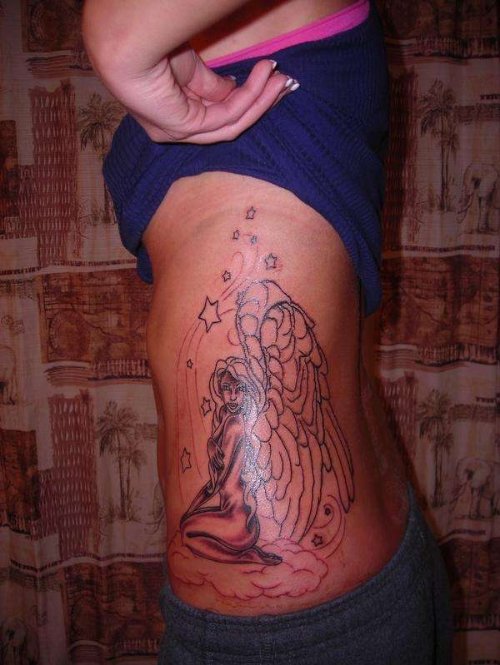Girl Showing Her Rib Side Angel Tattoo