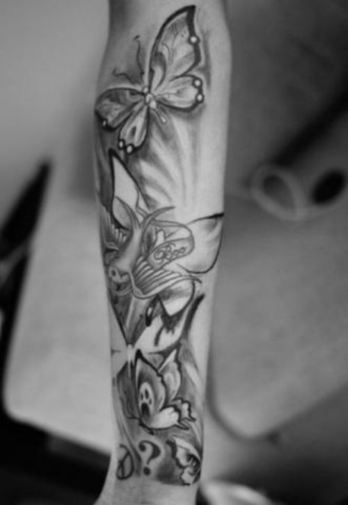 Butterfly And Angel Tattoo On Left Arm