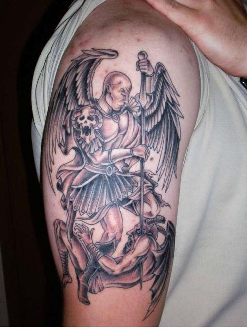 Grey Ink Angel Fight With Devil Tattoo On Half Sleeve