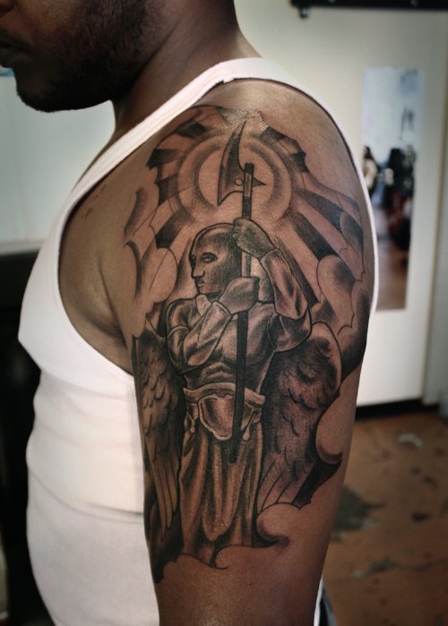 Left Shoulder Warrior Angel Tattoo For Men