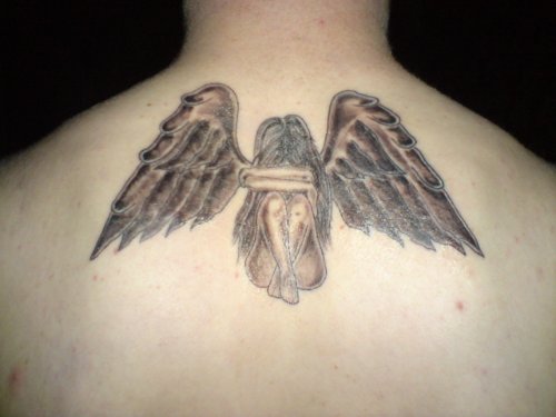Grey Ink Fallen Angel Tattoo On Upperback
