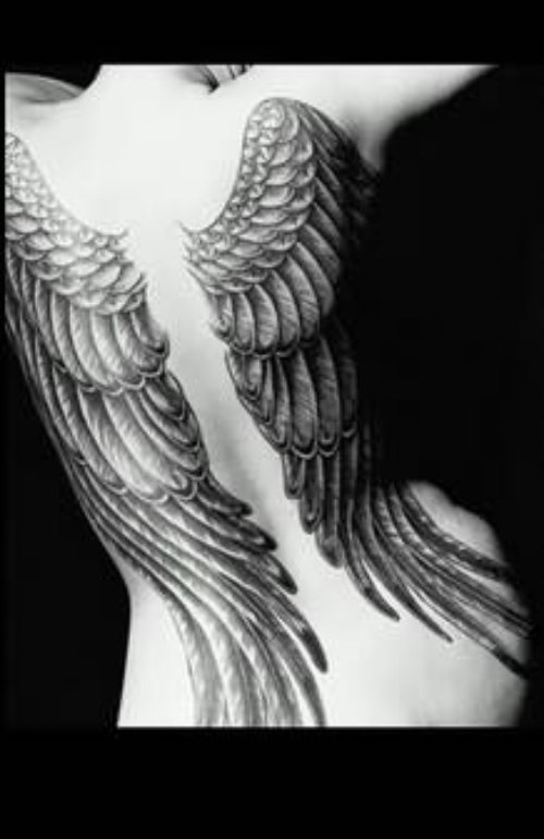 Angel Grey Wings Tattoo On Back
