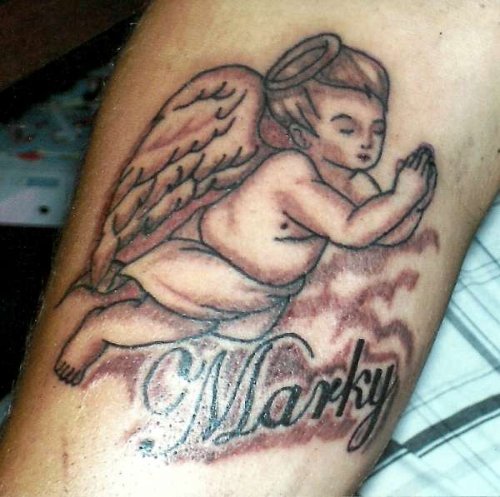 Marky - Praying Cherub Angel Grey Ink Tattoo