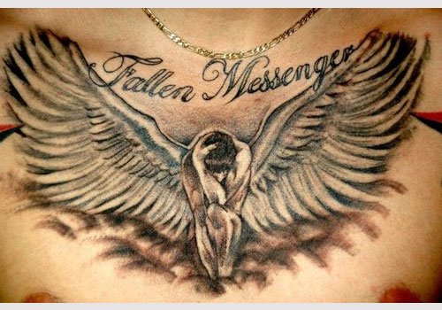 Fallen Angel Grey Ink Tattoo On Man Chest