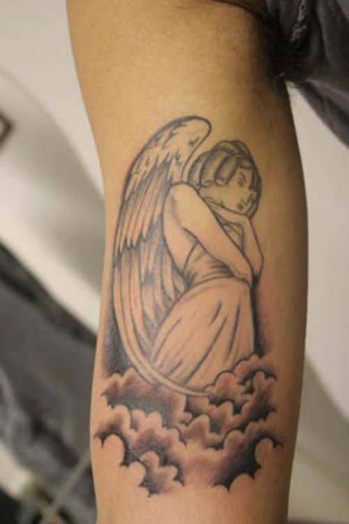Angel In Clouds Grey Ink Tattoo On Bicep