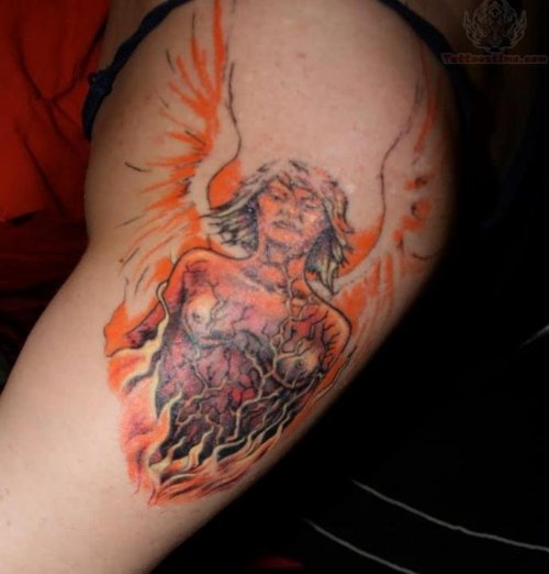 Burning Angel Girl Tattoo On Shoulder