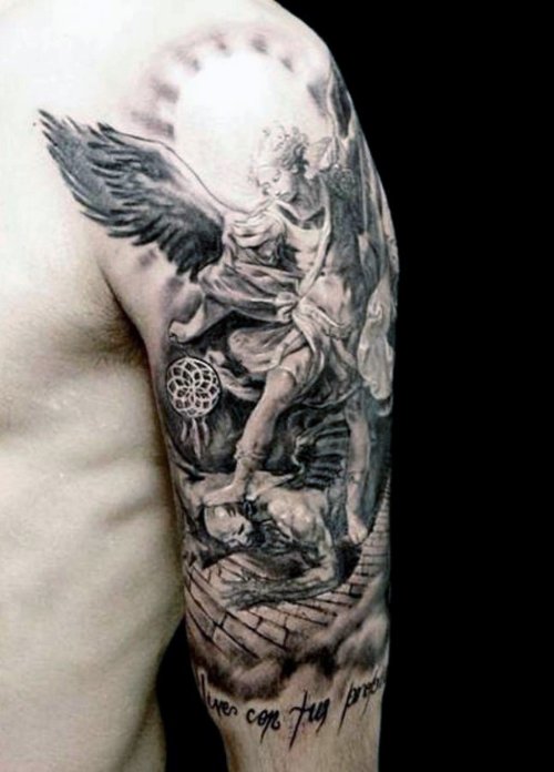 Grey Ink Angel Tattoo On Man Left Half Sleeve