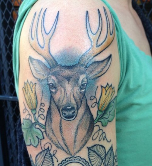 Deer HEad Animal Tattoo On Right Half Sleeve