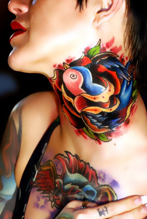 Colored Swallow Animal Tattoo On Side Neck