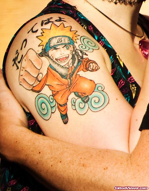 Anime Animated Tattoo On Right Shoulder