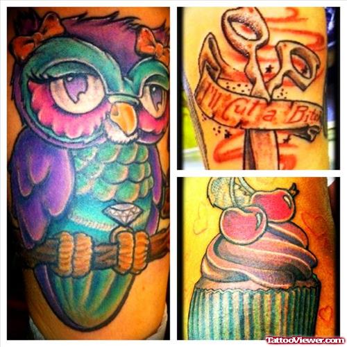 Colored Animated Owl Tattoo