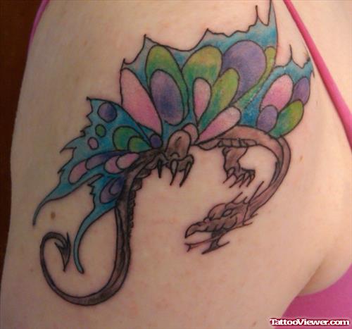 Awesome Color Dragon Animated Tattoo On Shoulder