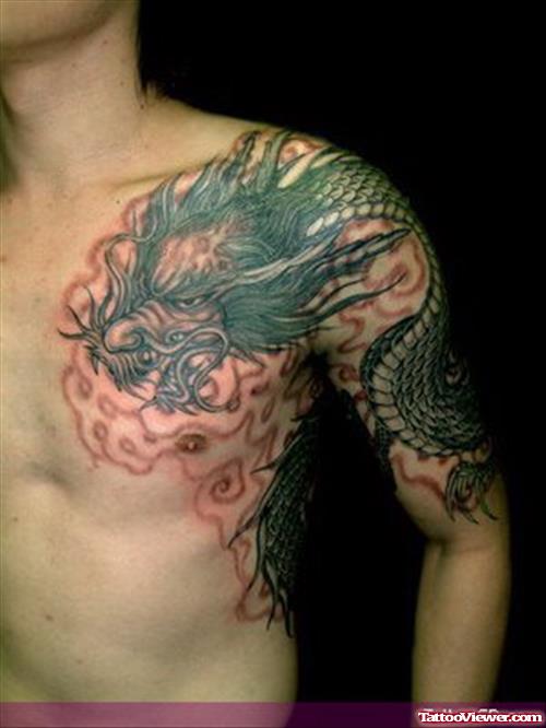 Colored Dragon Animated Tattoo On Left Shoulder
