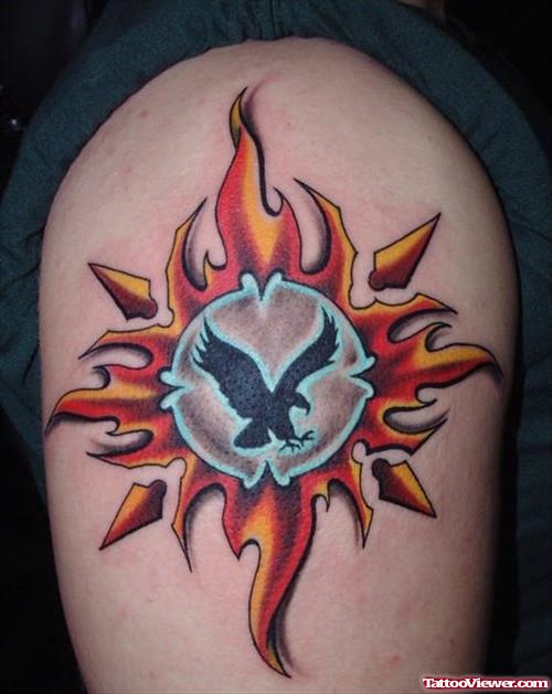 Color Animated Sun Tattoo On Shoulder