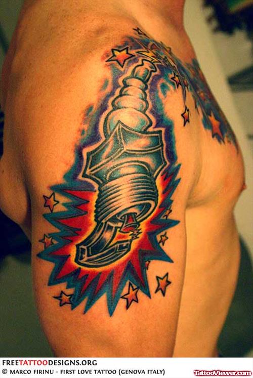 Color Animated Spark Plug Tattoo On Right Shoulder