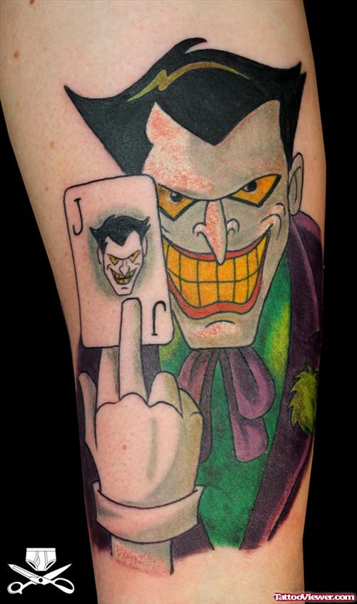 Animated Joker With Joker Card Tattoo On Half Sleeve