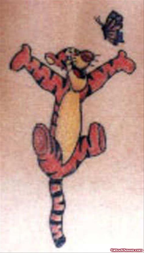 Flying Butterfly And Animated Tiger Tattoo