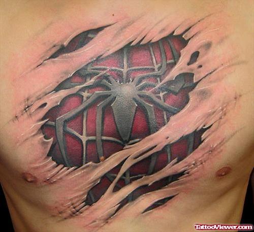 Ripped Skin Spider Animated Tattoo On Chest