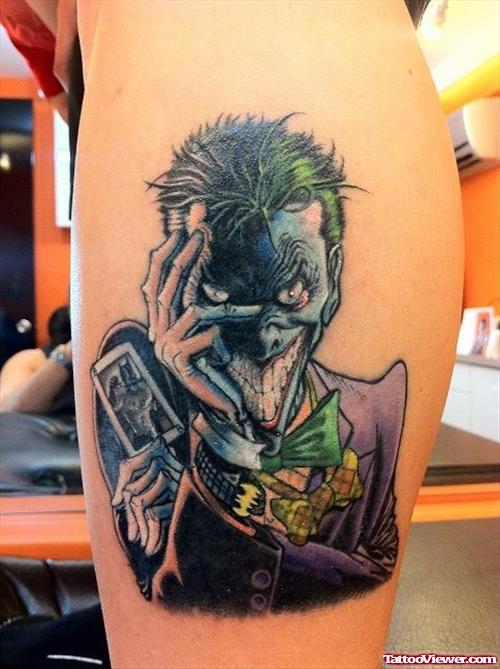 Colored Joker Animated Tattoo On Leg