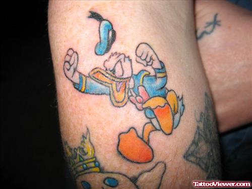 Awesome Color Ink Donald Duck Tattoo On Half Sleeve