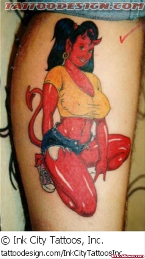 Red Ink Devil Girl Animated Tattoo On Leg