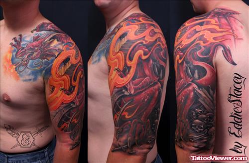 Colored Dragon Animated Tattoo On Left Half Sleeve