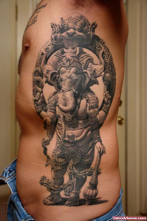 Grey Ink Animated Ganesh Tattoo On Side Rib