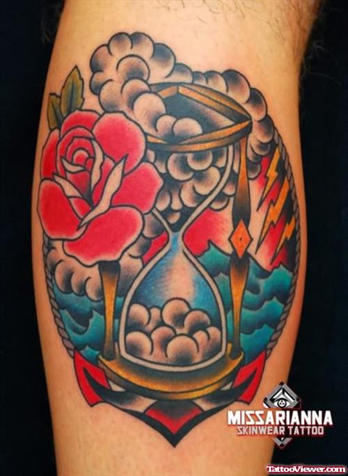 Red Rose Flowers And Hourglass Animated Tattoo