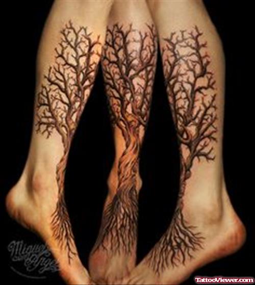Grey Ink Tree Animated Tattoo On Leg