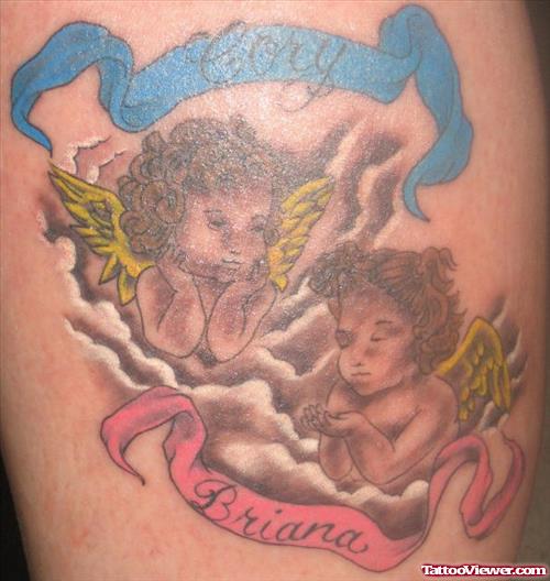 Color Cherubs With Banners Tattoos