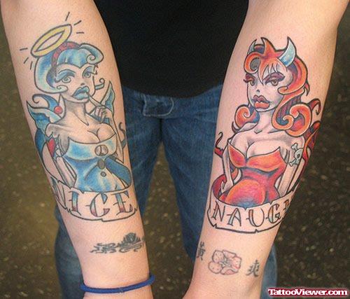 Blue and Red Ink Devil Girls Animated Tattoos On Sleeve