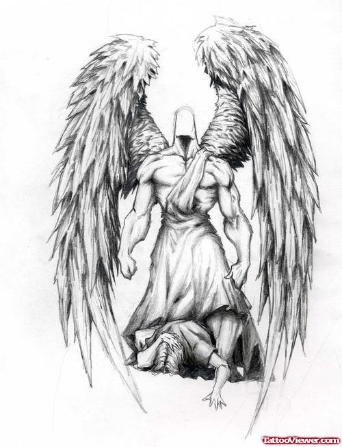 Awesome Grey Ink Angel Animated Tattoo Design