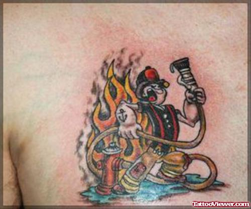 Awesome Flaming Firefighter Animated Tattoo On Chest