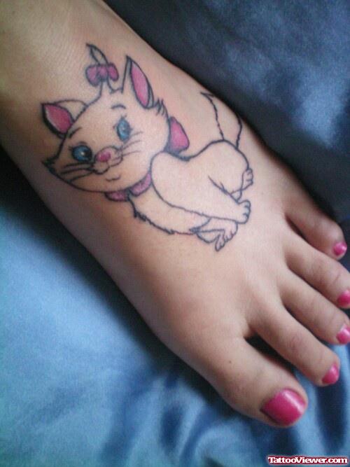Animated Kitty Tattoo On Foot For Girls
