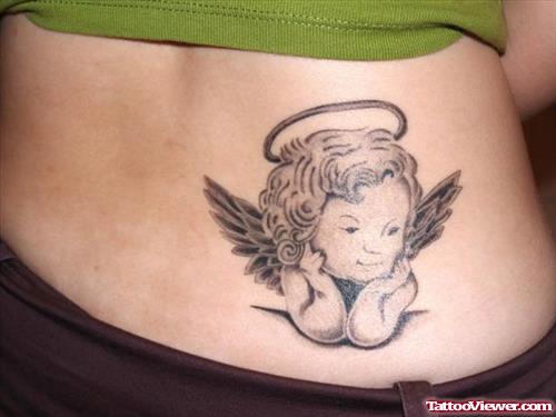 Grey Ink Cherub Angel Animated Tattoo On Lowerback