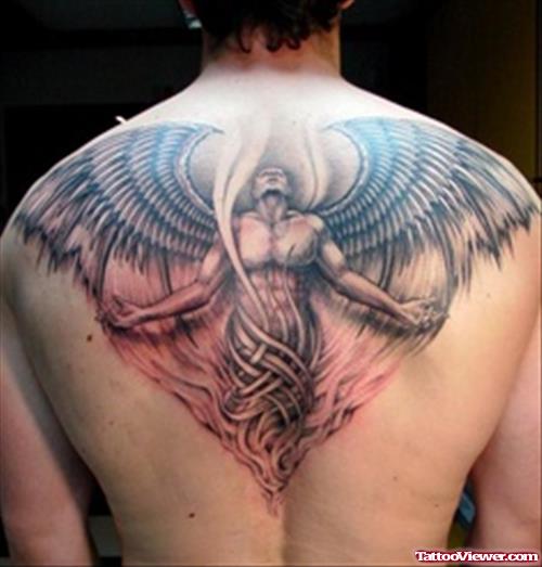 Grey Ink Angel Animated Tattoo On Upperback