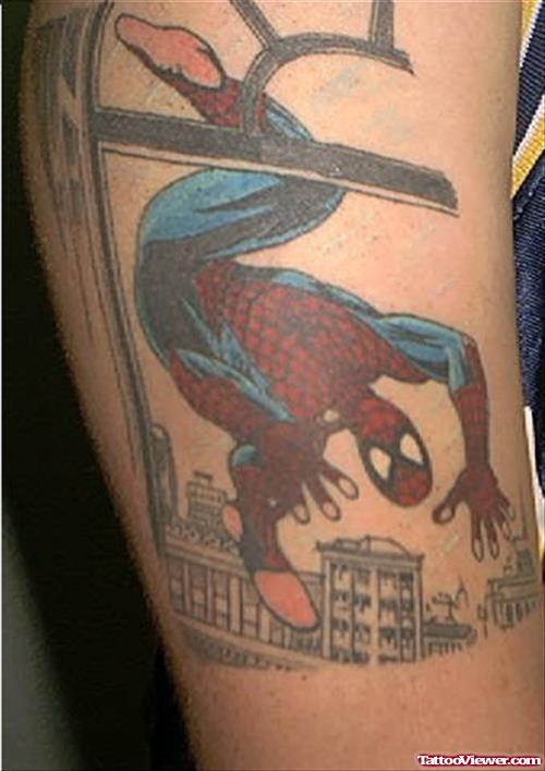 Colored Spiderman Animated Tattoo On Half Sleeve