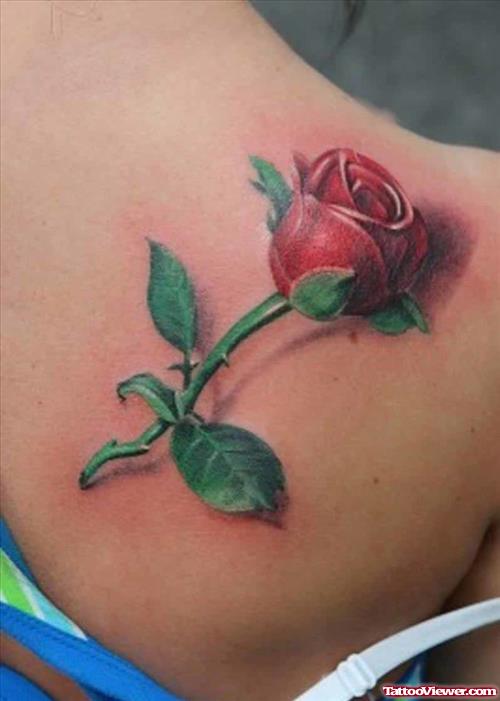 Red Rose Flower Animated Tattoo On Back Shoulder