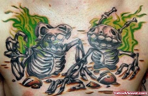 Grey Ink Skeleton Animated Tattoo On Man Chest