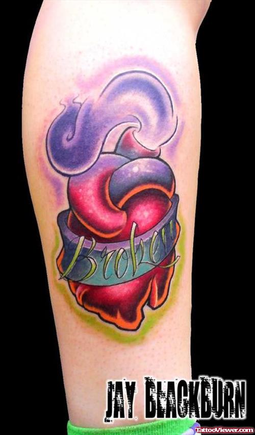 Color Heart With Broken Banner Animated Tattoo On Leg