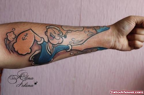 Popeye Animated Tattoo On Left Forearm