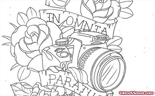 Outline Flowers And Camera Animated Tattoo Design