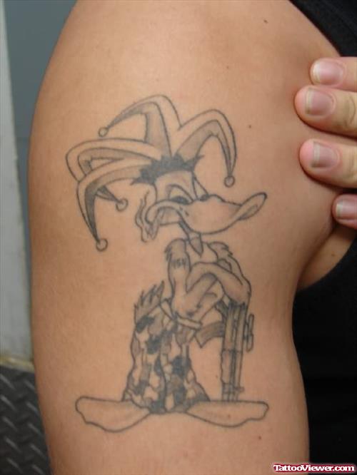 Grey Ink Doanld Duck Tattoo On Half Sleeve